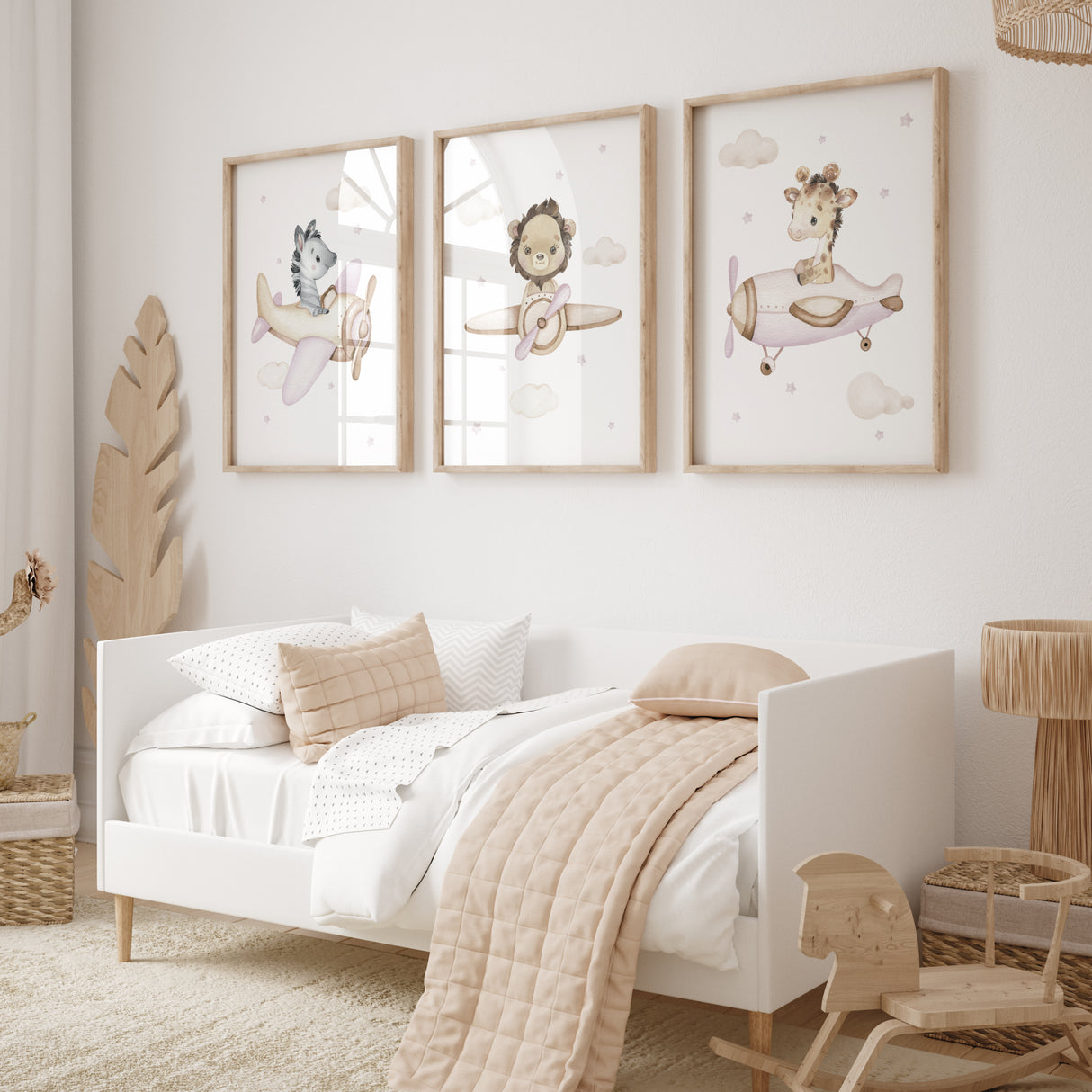 Set of 3 safari animals with airplane print for girls nursery decor.