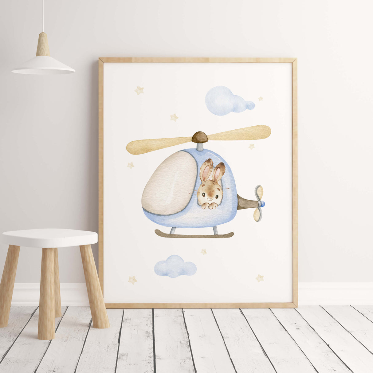 Watercolor bunny with helicopter print for toddler and boys room decor in light blue, yellow, brown colors.