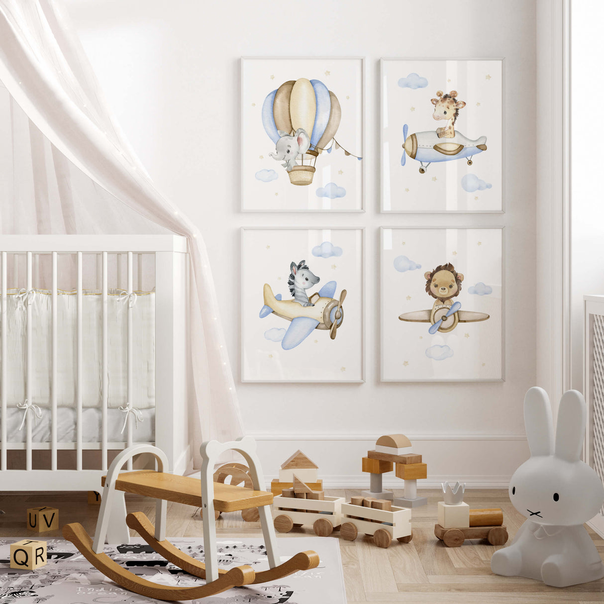 Set of 4 watercolor flying safari animals with giraffe, zebra, lion, elephant, hot air balloon, airplane for toddler and boys room decor in blue, brown, yellow colors.