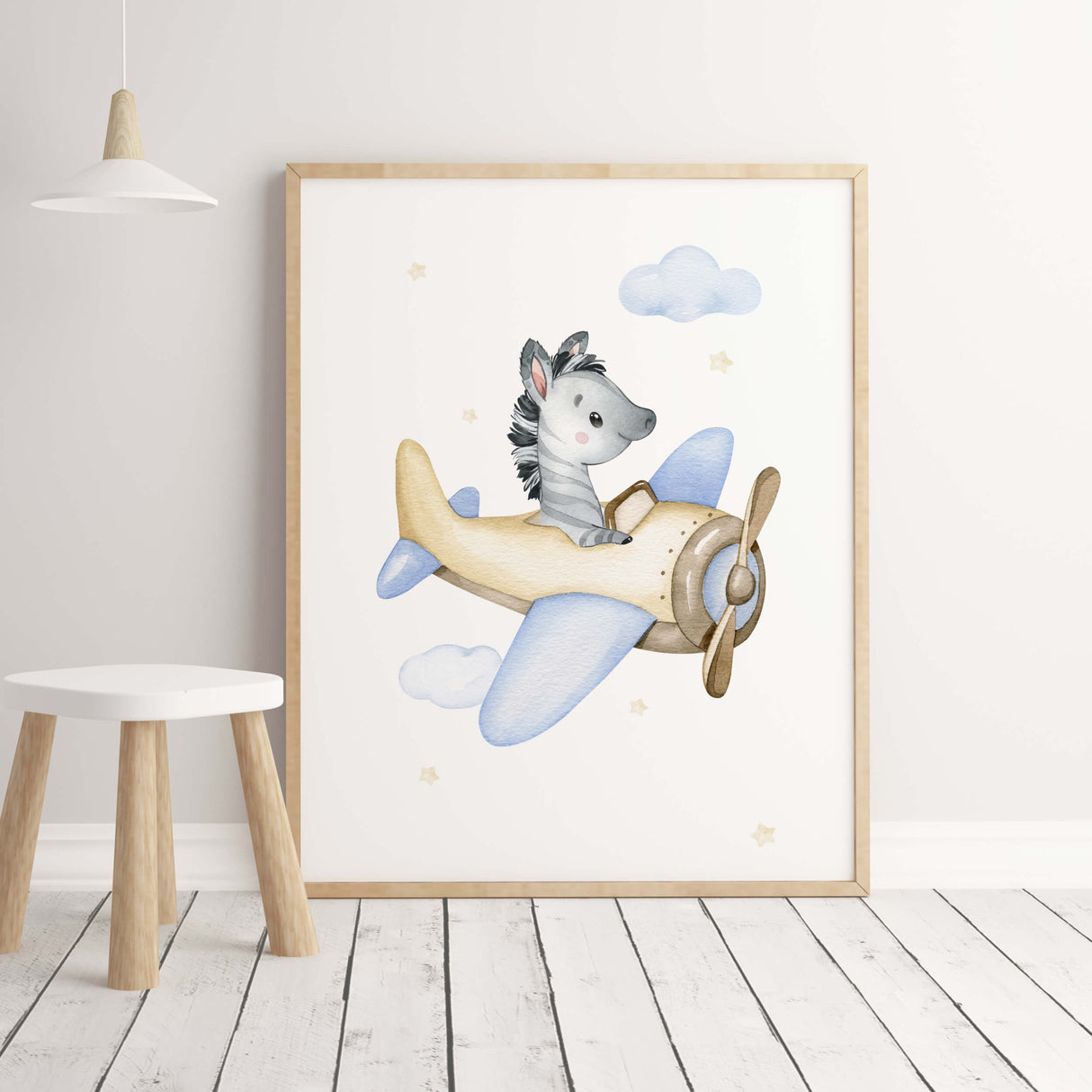 Watercolor zebra with airplane print for toddler and boys room decor in light blue, yellow, brown colors.