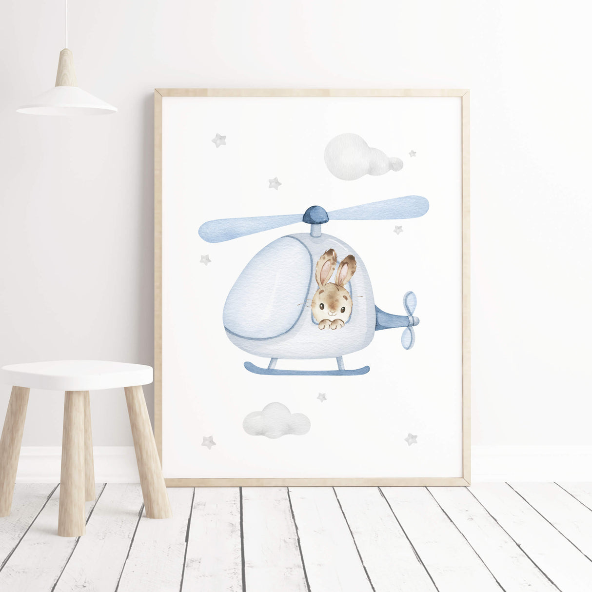 Watercolor bunny with helicopter poster for toddler and boys room deor.