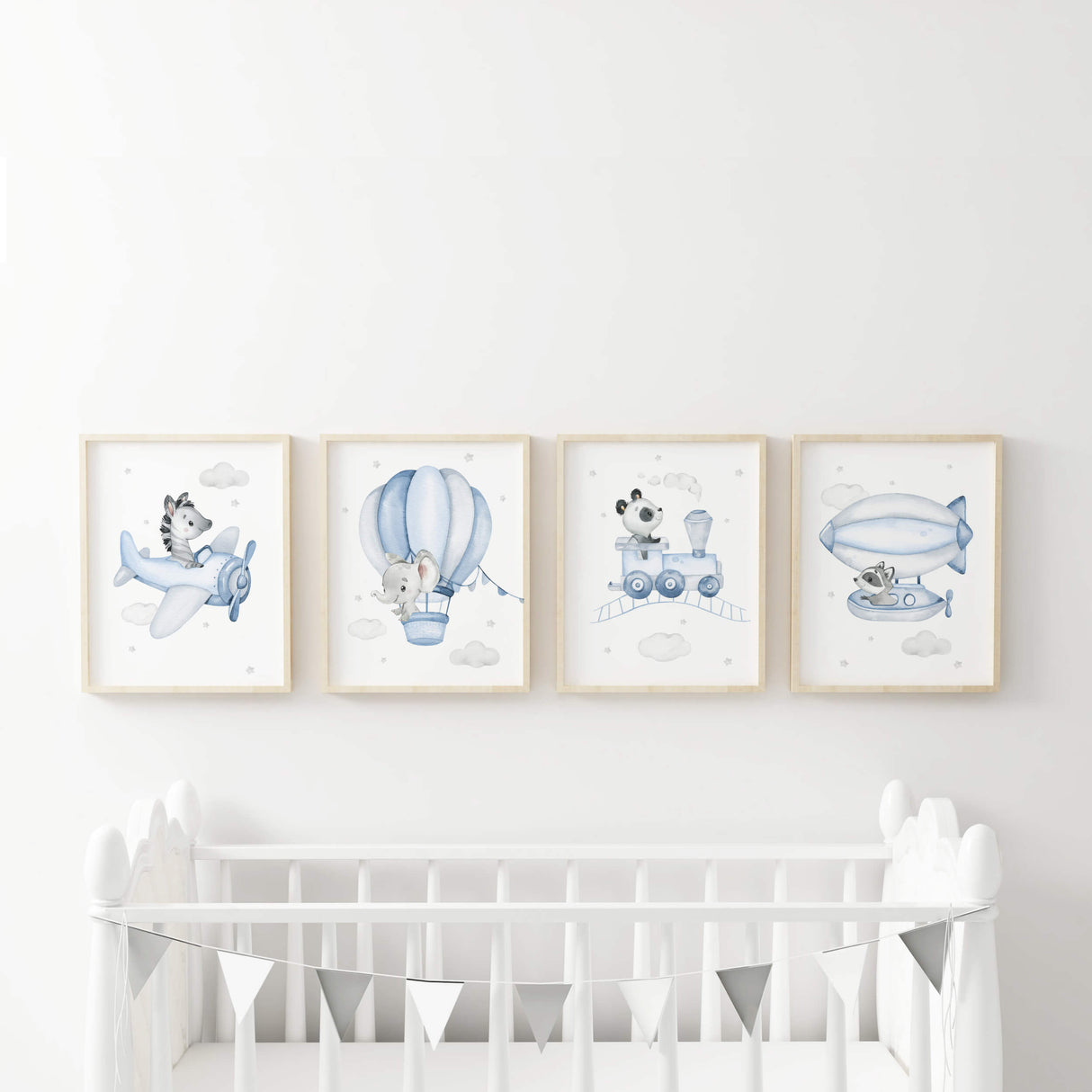 Set of 4 flying animals with zebra, elephant, raccoon, hot air balloon, airplane, airship print for toddler and boys room decor in light blue gray colors.