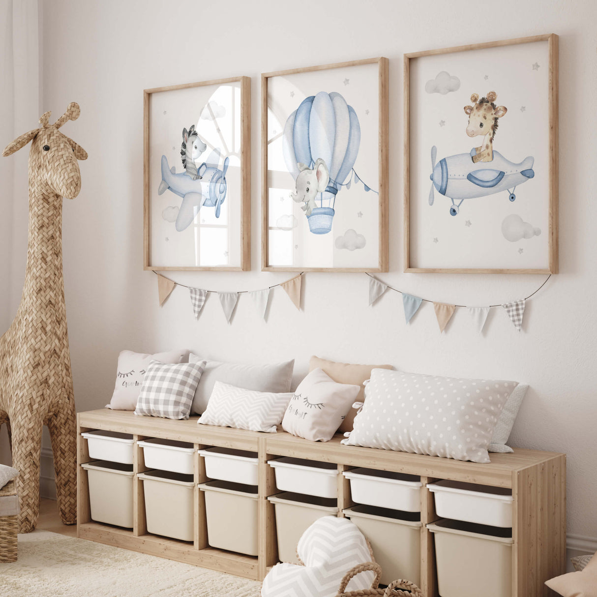 Set of 3 flying safari animals with zebra, giraffe, elephant, airplane and hot air balloon in air print for toddler and boys room decor in blue and gray colors.