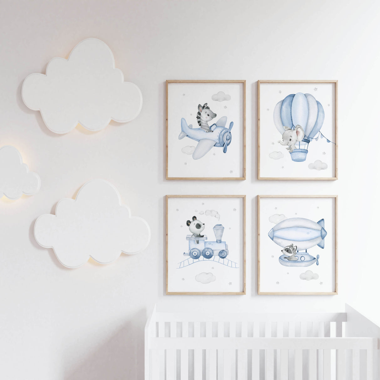 Set of 4 flying animals with zebra, elephant, raccoon, hot air balloon, airplane, airship print for toddler and boys room decor in light blue gray colors.