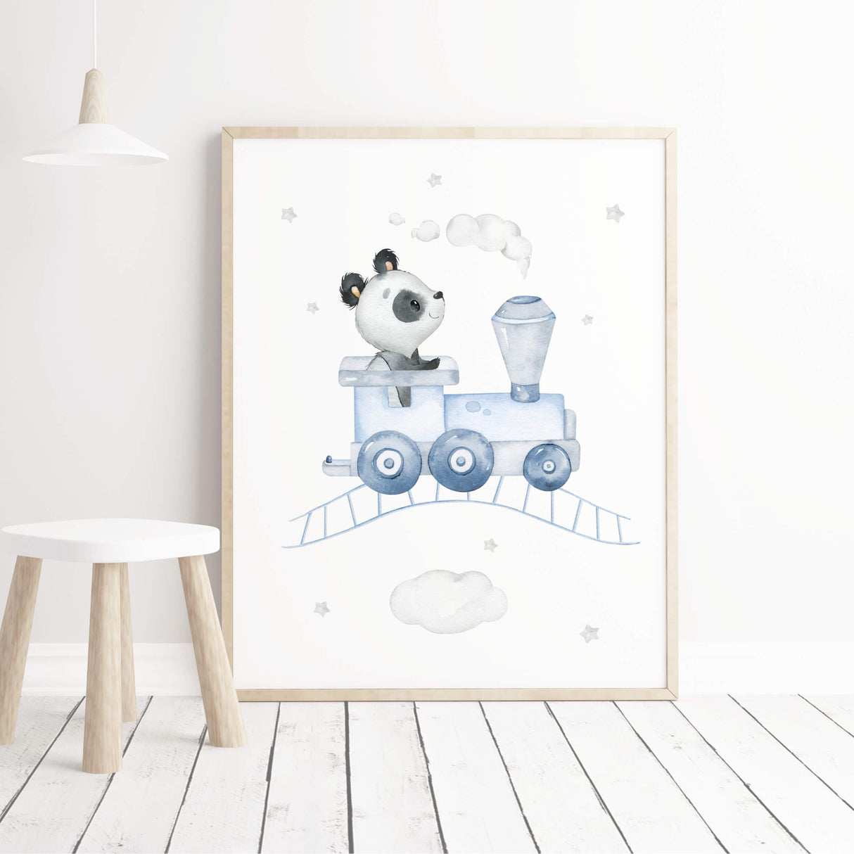 Watercolor panda with train in air print for toddler and boys room decor in blue and gray colors.