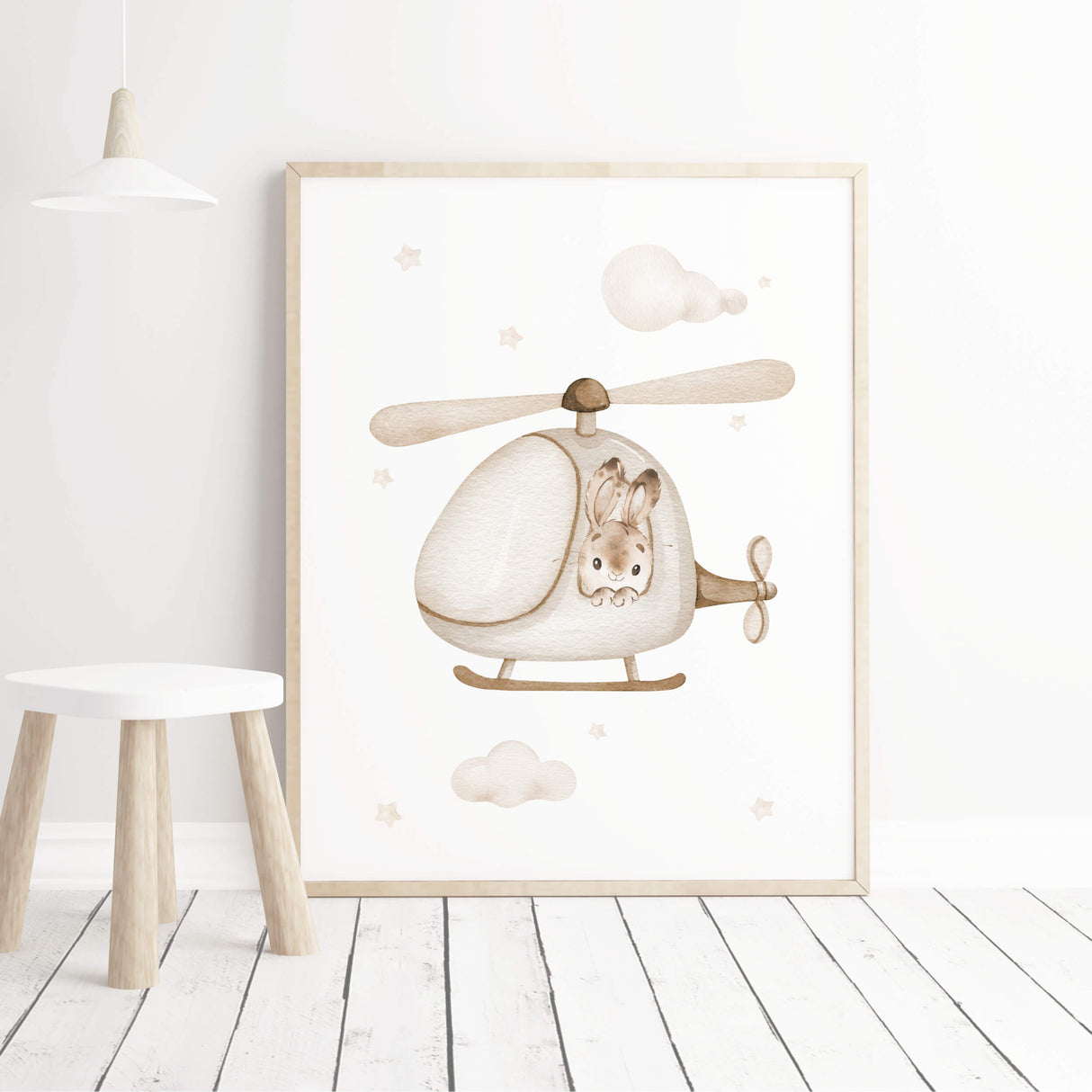 Bunny with helicopter print for neutral nursery decor, boys room decor, girls room decor in brown and beige colors.