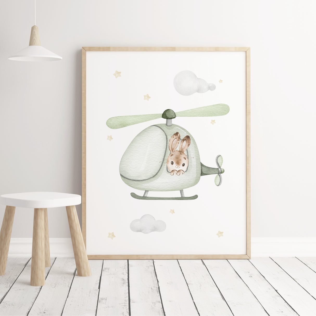 Watercolor bunny with airplane printable for toddler and baby boys room decor in sage green, gray and yellow colors.