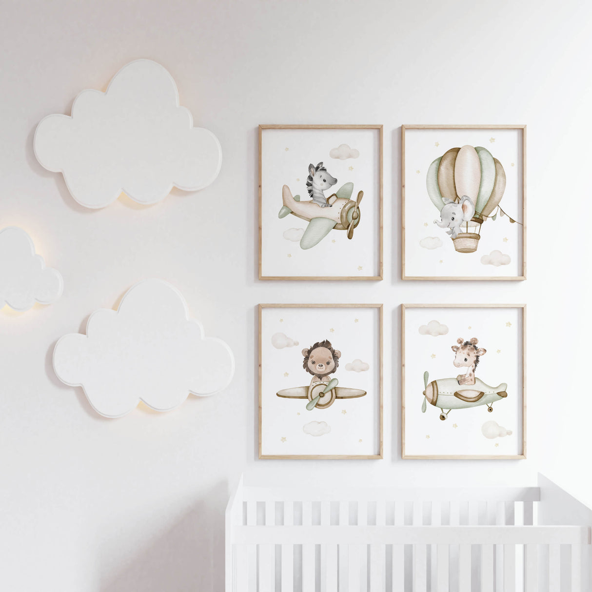 Watercolor safari animals with airplane, helicopter, airship, ship, train, car print for neutral nursery decor, boho nursery decor, boys room decor in sage green, brown, beige colors.