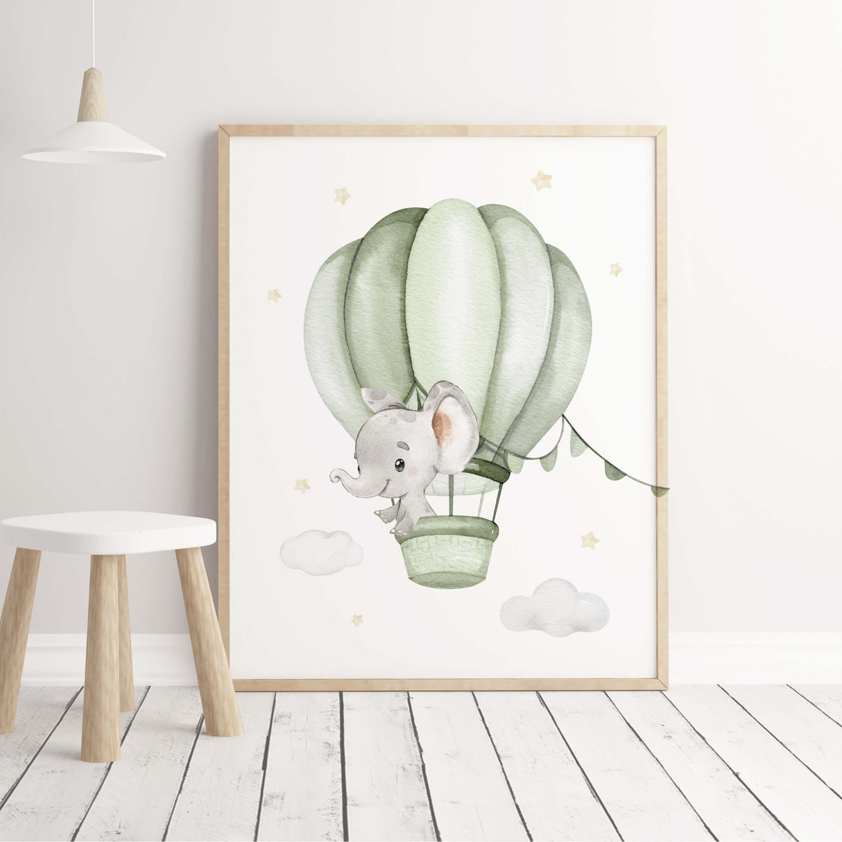 Elephant with sage green airplane print for toddler and baby boys room decor in sage green, gray and yellow colors.