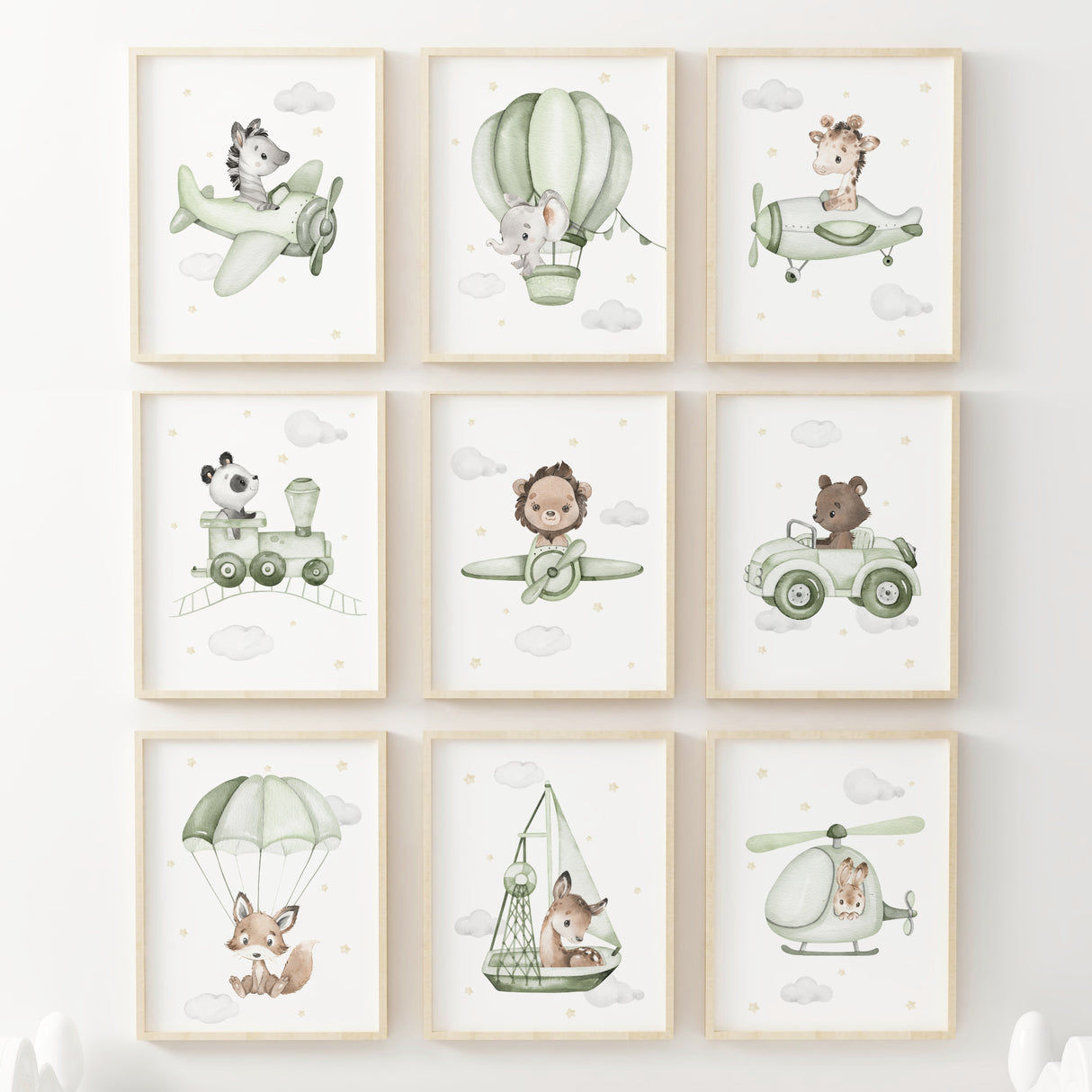 Set of 10 watercolor sage green safari animals with airplane, hot air balloon, car, train, airship, ship, helicopter print for toddler and baby boys room decor in sage green, gray and yellow colors.