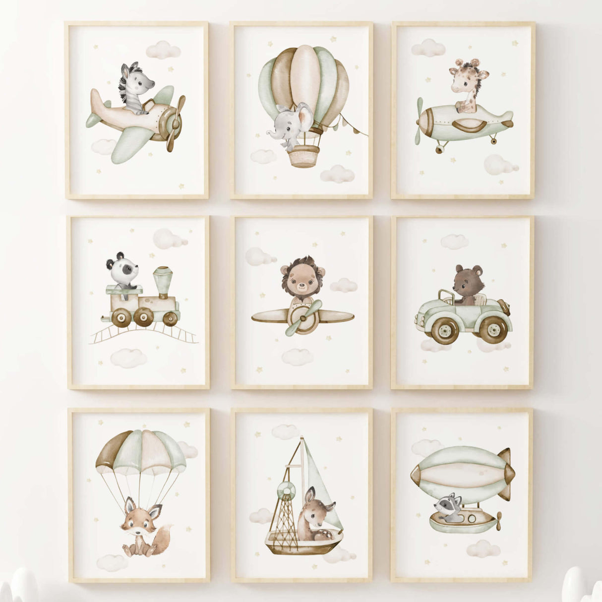 Watercolor safari animals with airplane, helicopter, airship, ship, train, car print for neutral nursery decor, boho nursery decor, boys room decor in sage green, brown, beige colors.