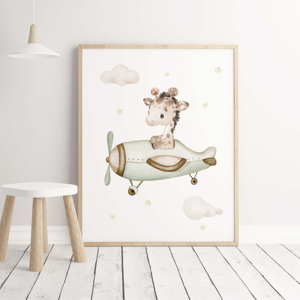 Giraffe with airplane print for neutral nursery decor, boho nursery decor, boys room decor in sage green, brown, beige colors.