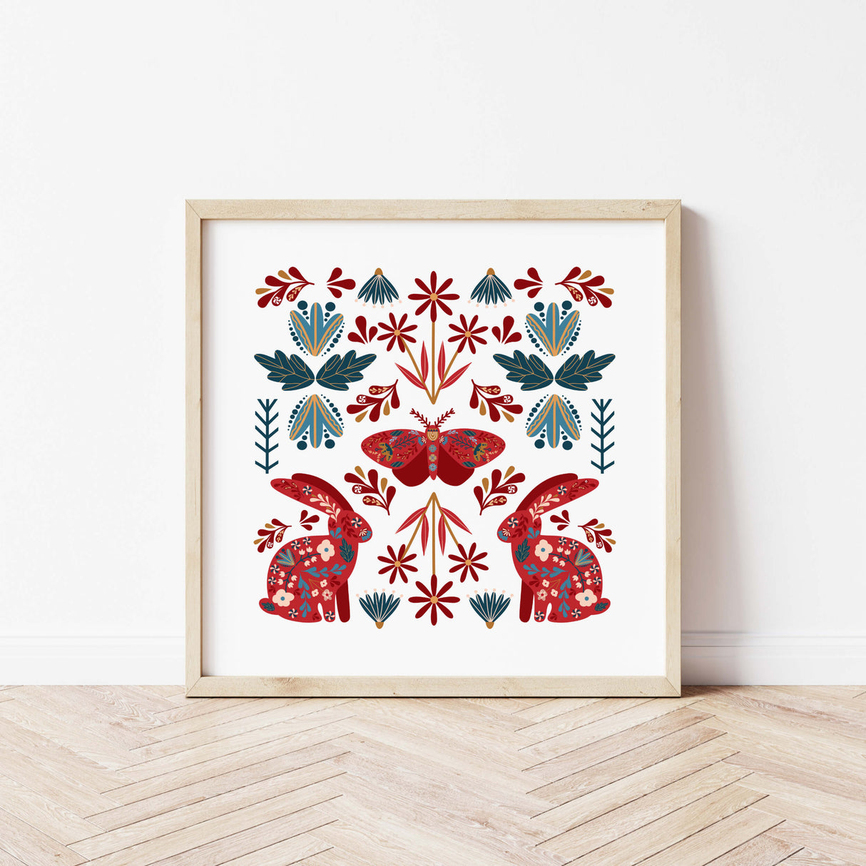 Folk nursery printable with bunnies for folk nursery decor.