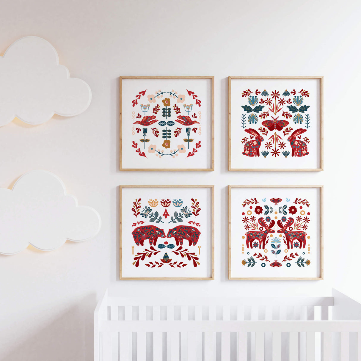 Folk nursery printable with bears, bunny, goose, deer for folk nursery decor.