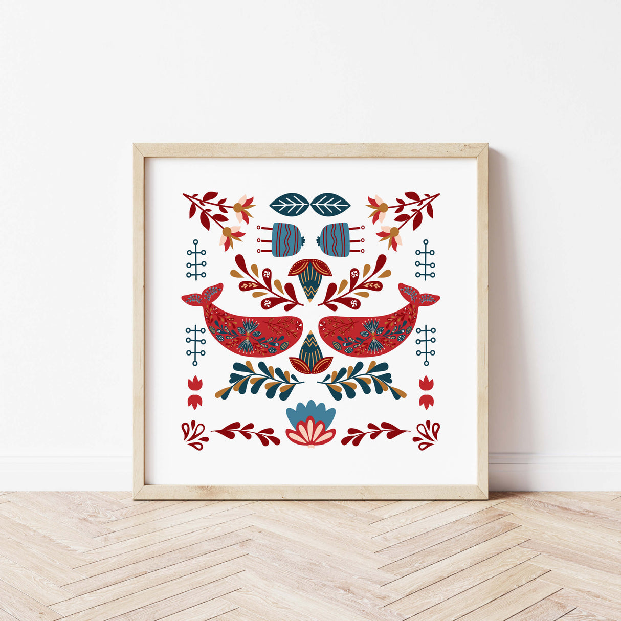 Folk nursery print with whales for folk scandinavian nursery decor.