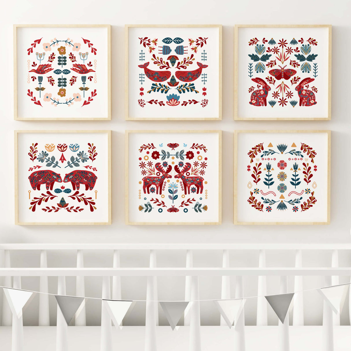 Folk nursery printable with pattern deer, bear, goose, bunny, butterfly, whale for folk nursery decor.