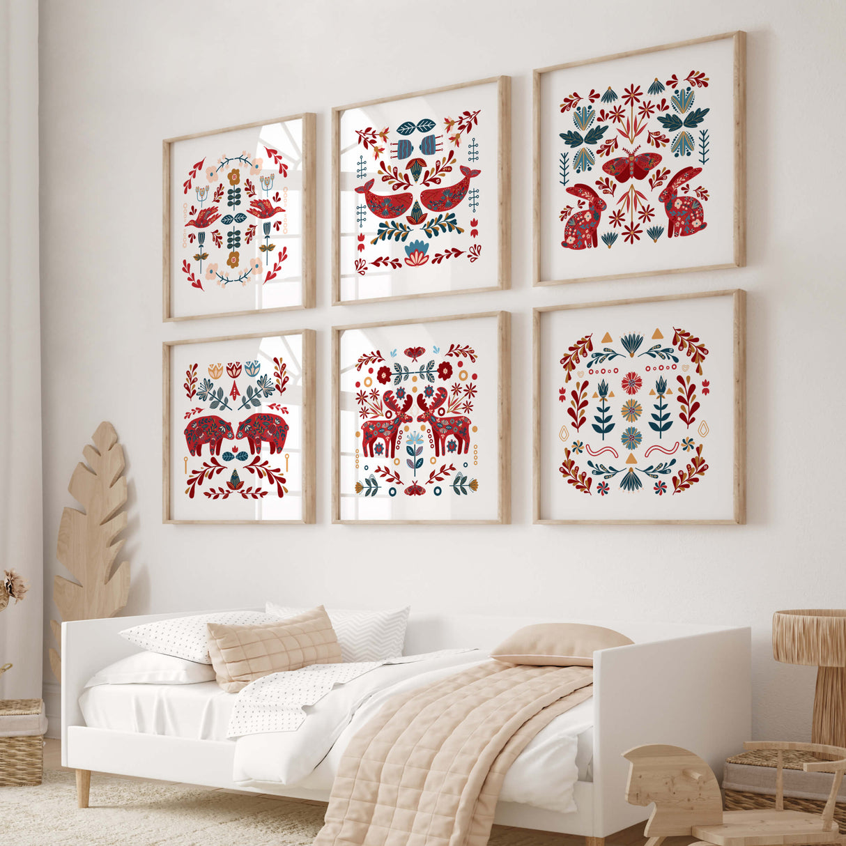 Folk nursery printable with pattern deer, bear, goose, bunny, butterfly, whale for folk nursery decor.