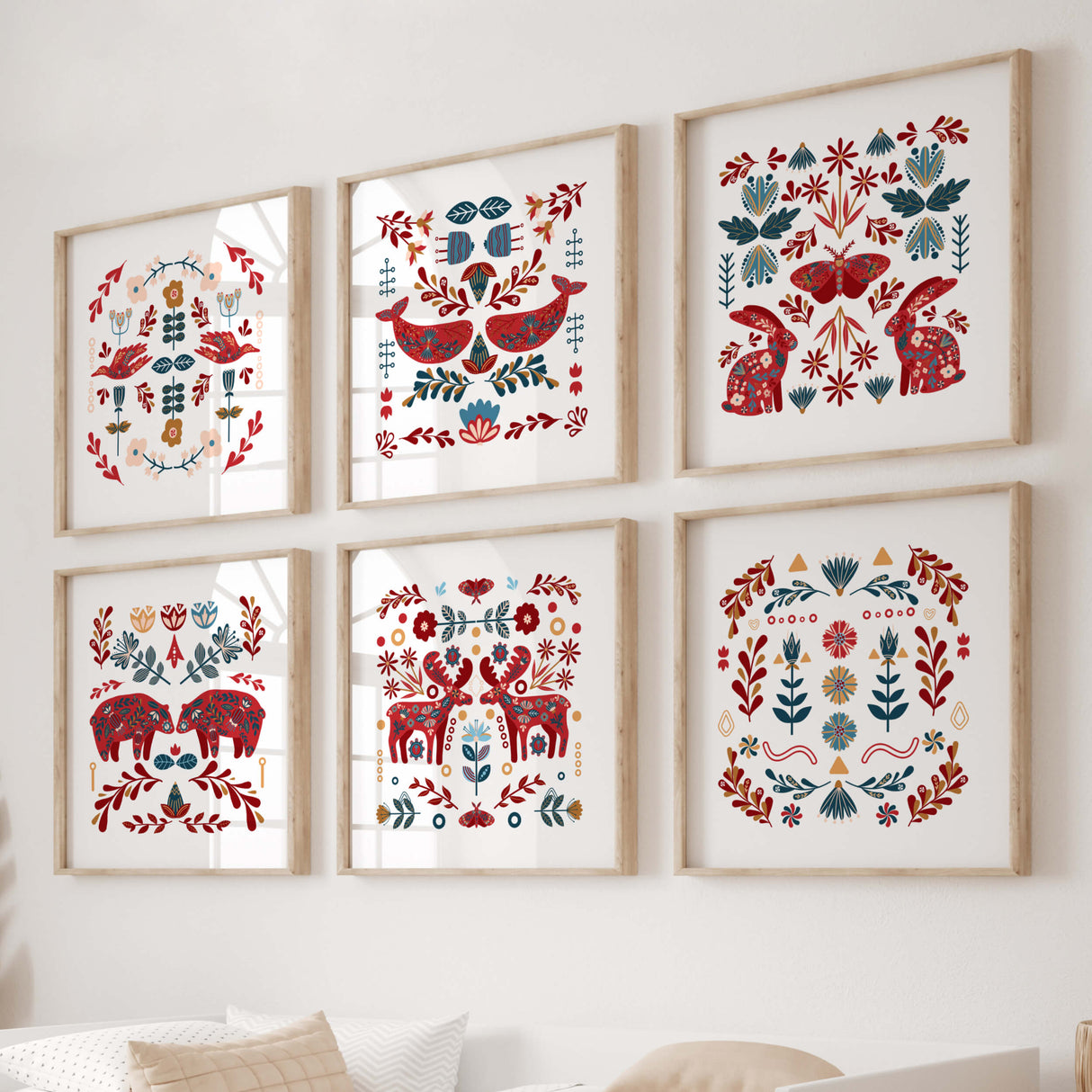 Folk nursery printable with pattern deer, bear, goose, bunny, butterfly, whale for folk nursery decor.