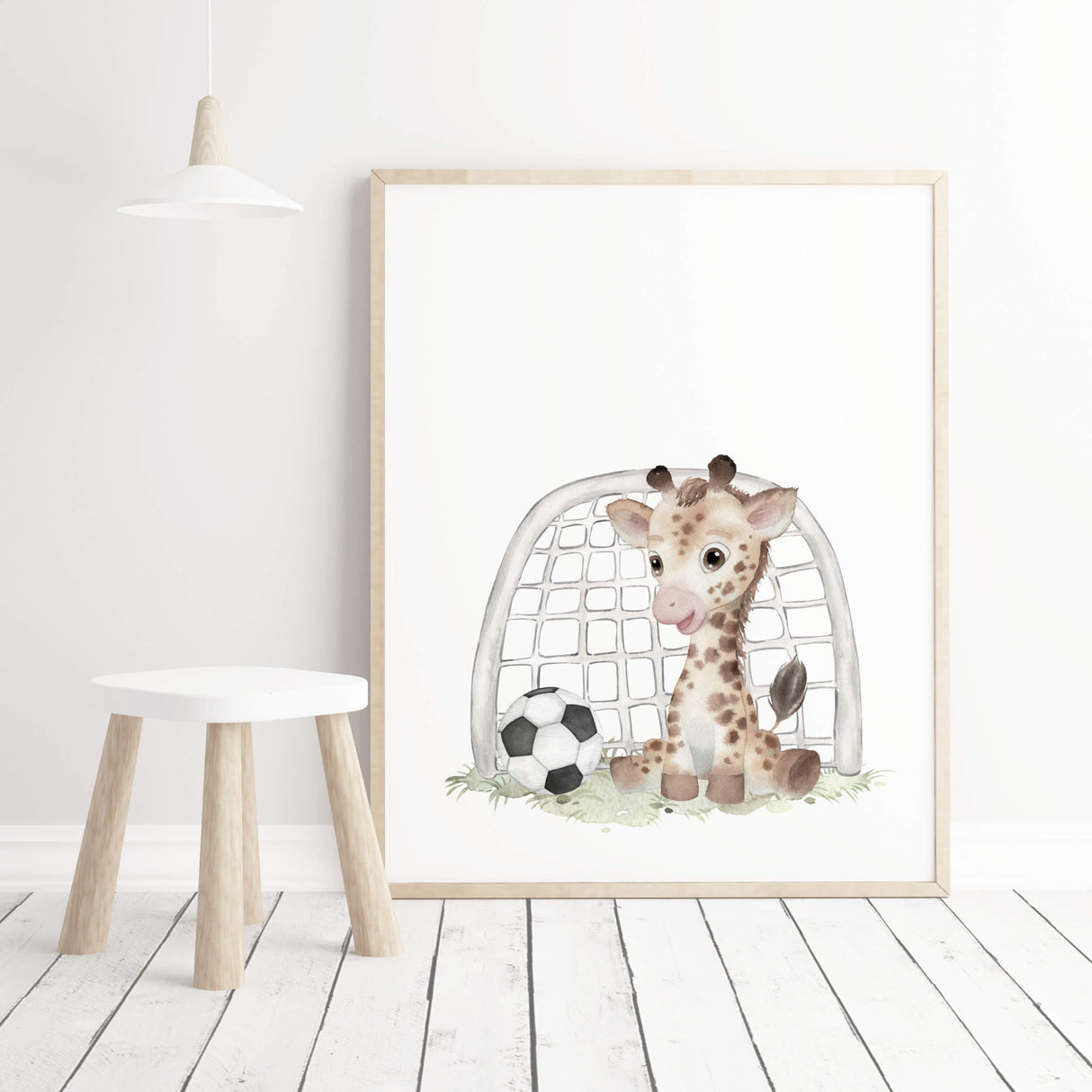 Watercolor soccer nursery poster with giraffe for toddler room decor and baby boys room decor.