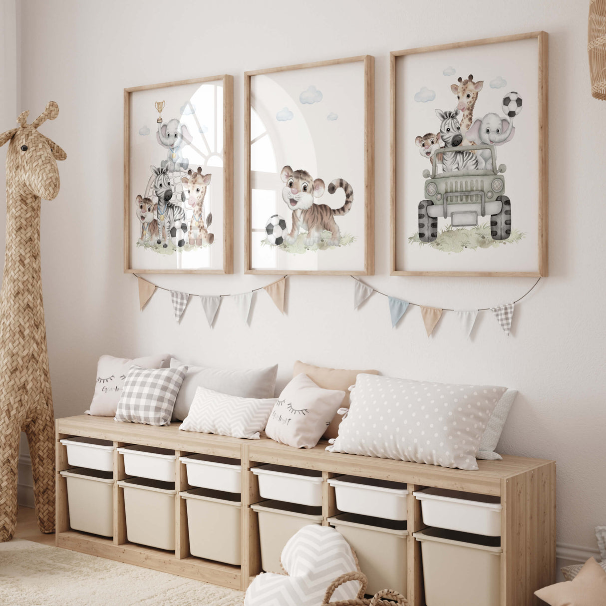 Set of 3 watercolor soccer print with safari animal for toddler room decor.
