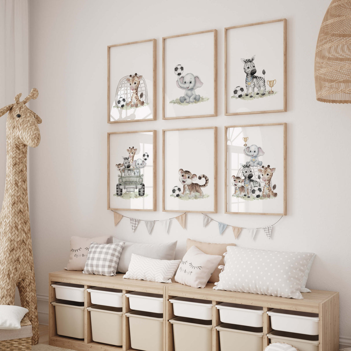 Watercolor soccer nursery print with safari animals for toddler room decor and baby boys room decor.