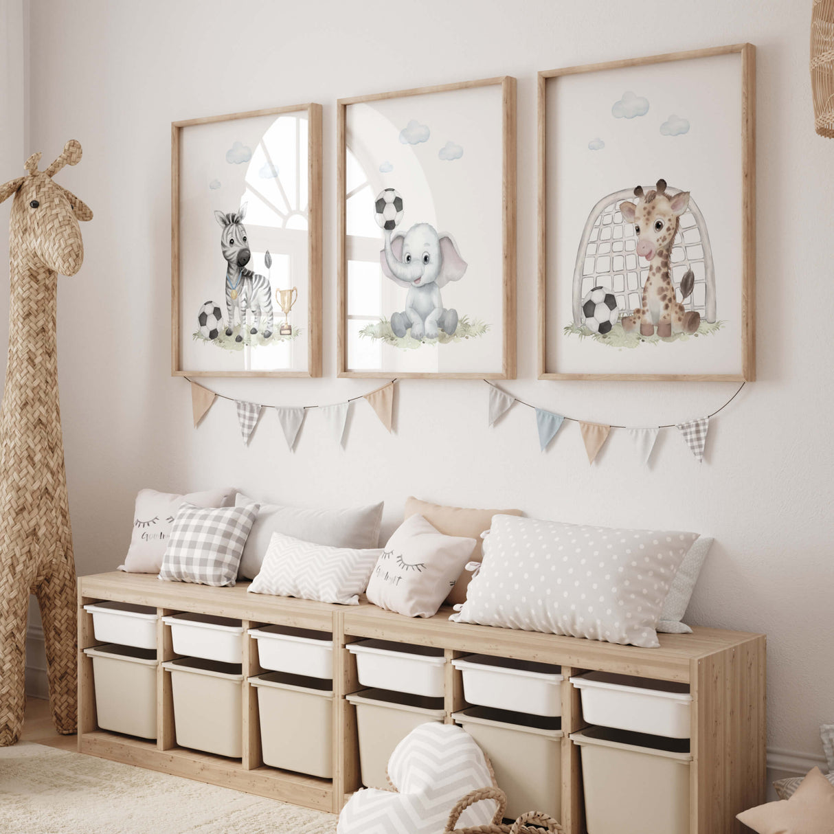 Set of 3 watercolor football nursery print with safari animal for neutral nursery decor.