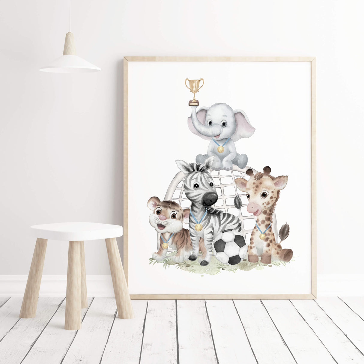 Watercolor soccer nursery printable with safari animals for toddler room decor and baby boys room decor.