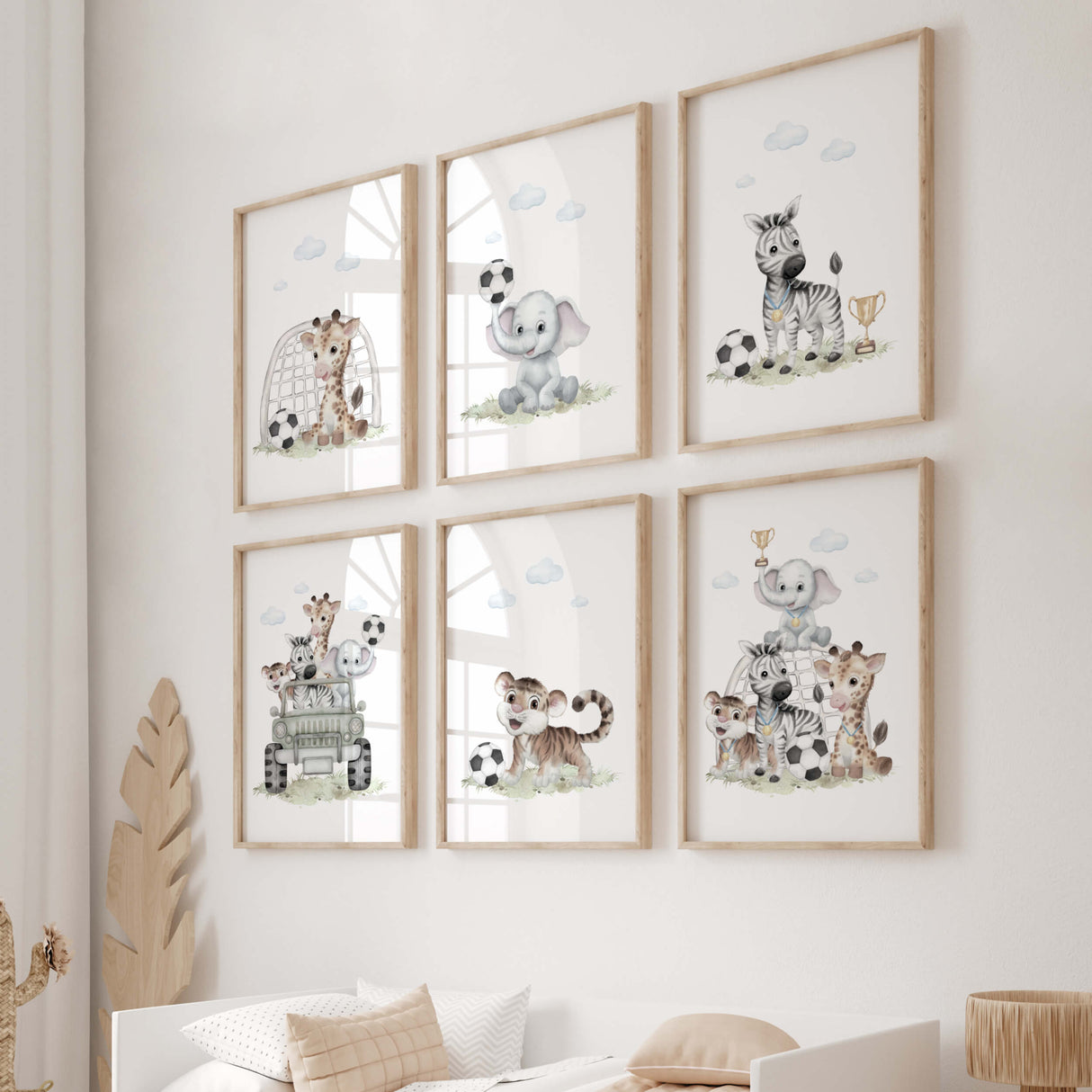 Set of 6 watercolor soccer, football printable with safari animal for kids room decor.