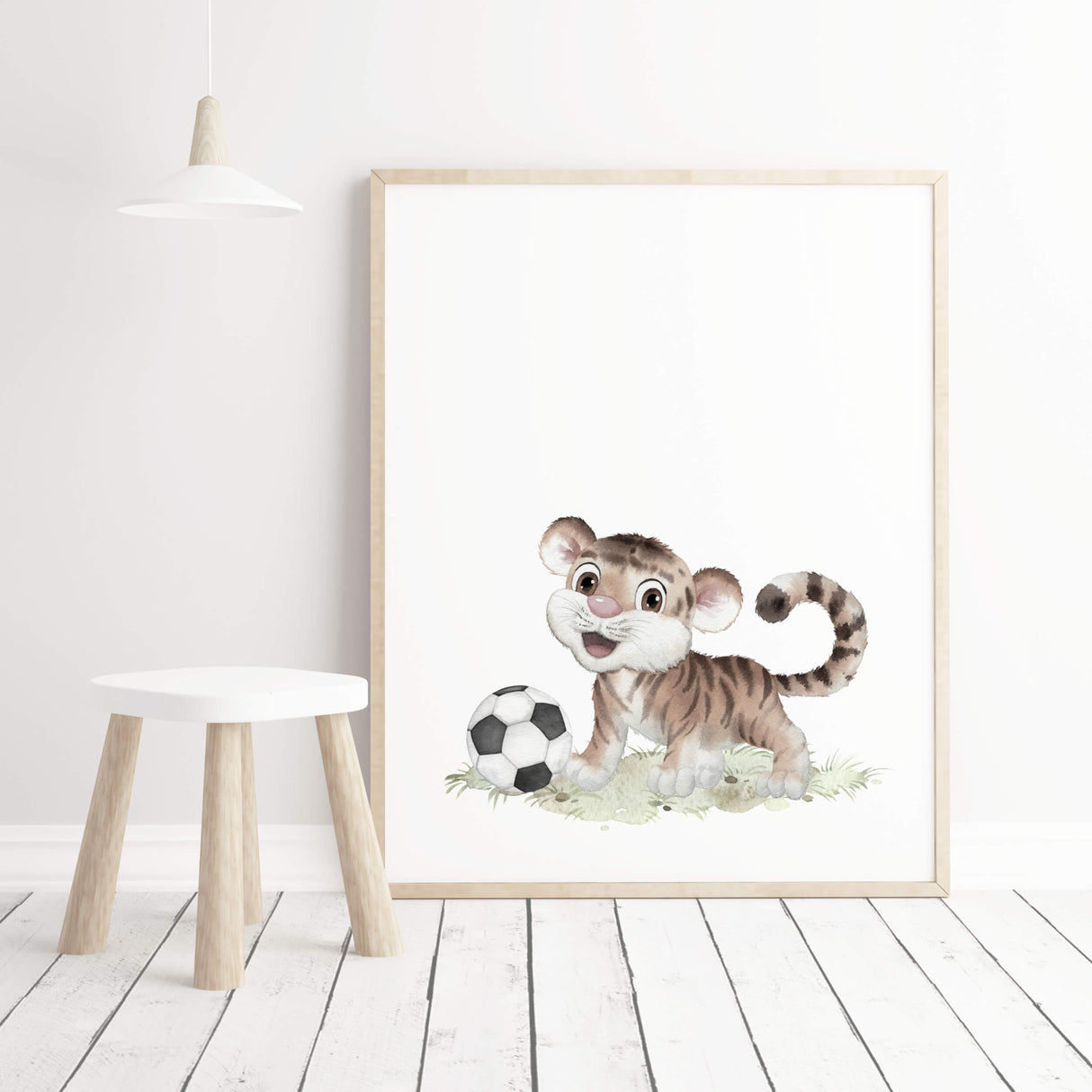 Watercolor soccer nursery print with tiger for toddler room decor and baby boys room decor.
