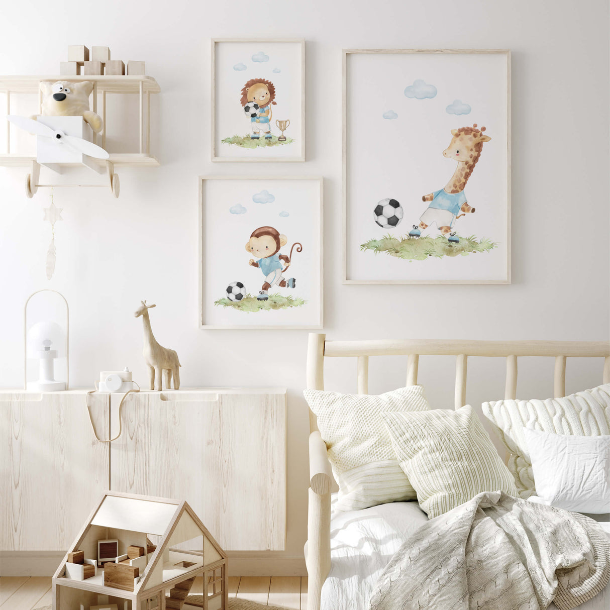 Watercolor nursery soccer print for boho nursery room decor.