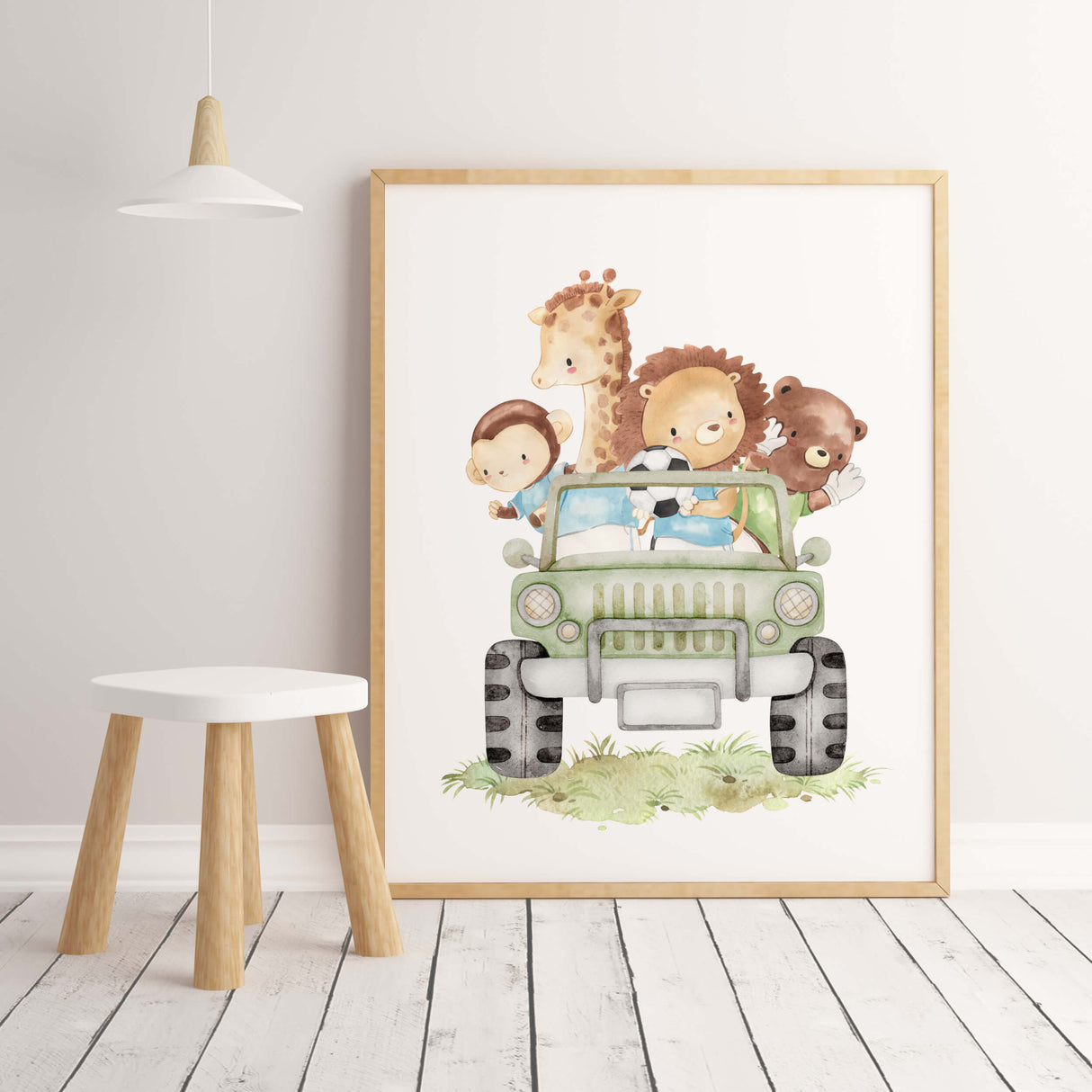 Watercolor soccer safari and woodland animals poster for toddler room decor and baby boys room decor.