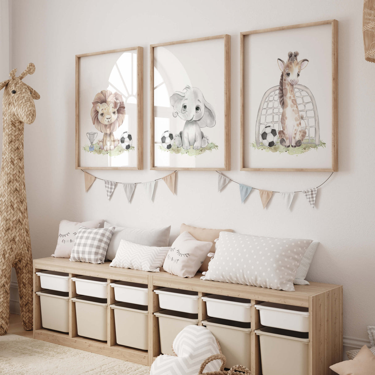 Set of 3 watercolor soccer poster with safari animal for nursery and kids room decor.