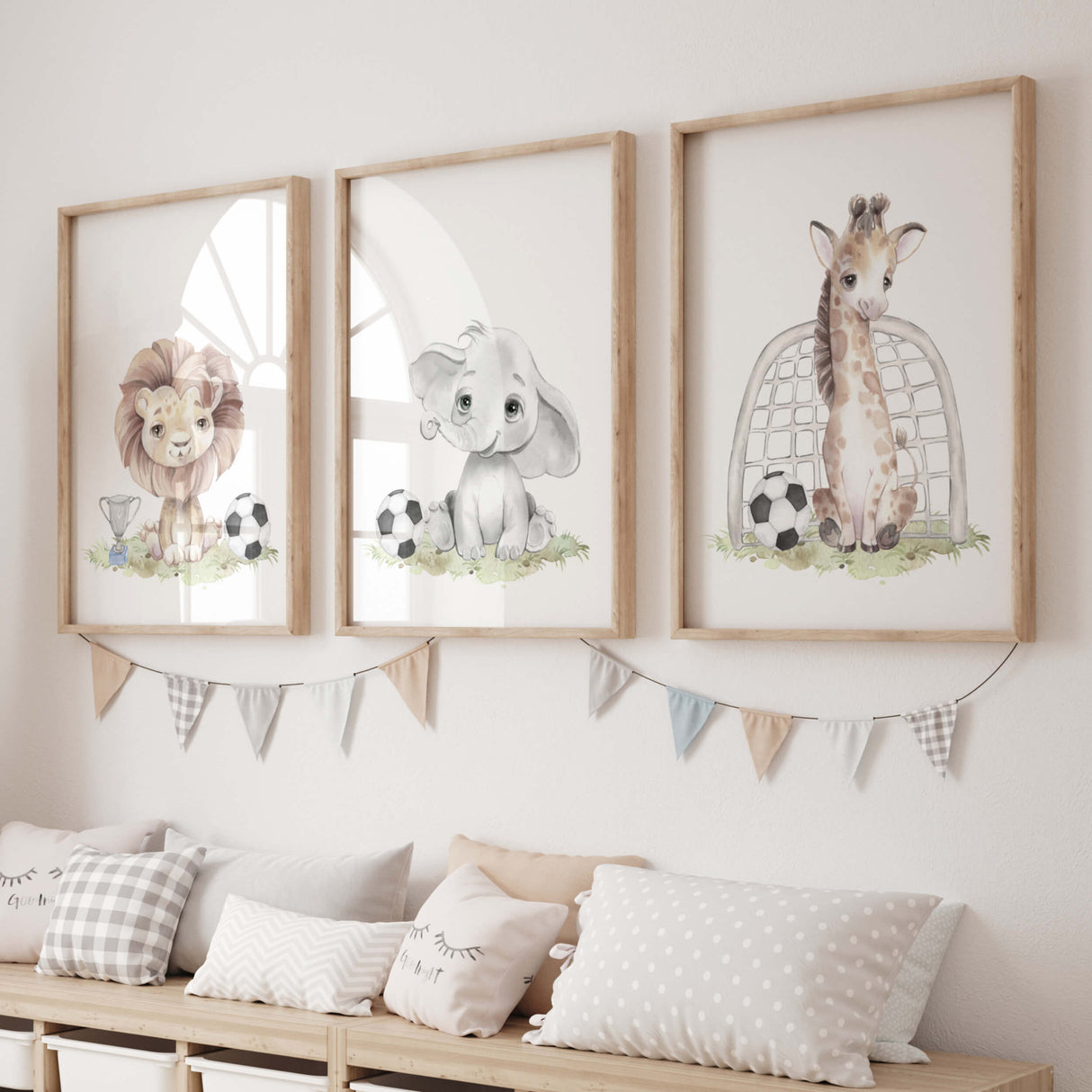 Set of 3 watercolor football print with safari animal for neutral nursery decor.