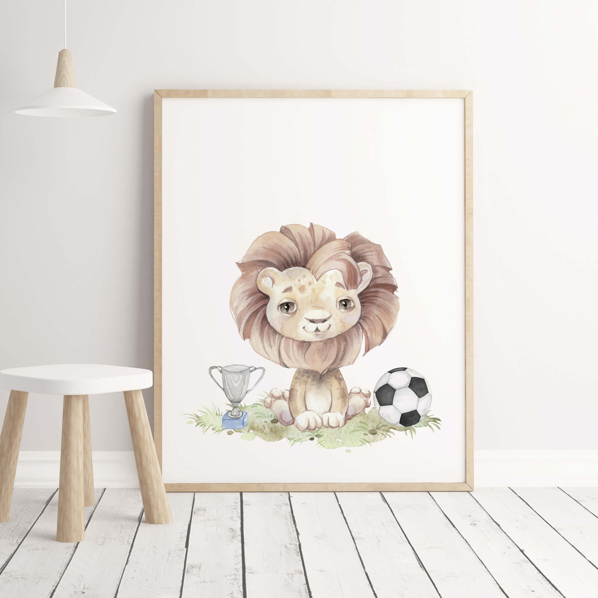 Watercolor lion print with football for boys room decor.
