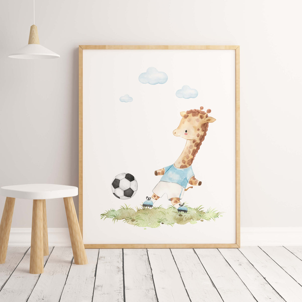 Watercolor giraffe with football print for nursery and kids room decor.