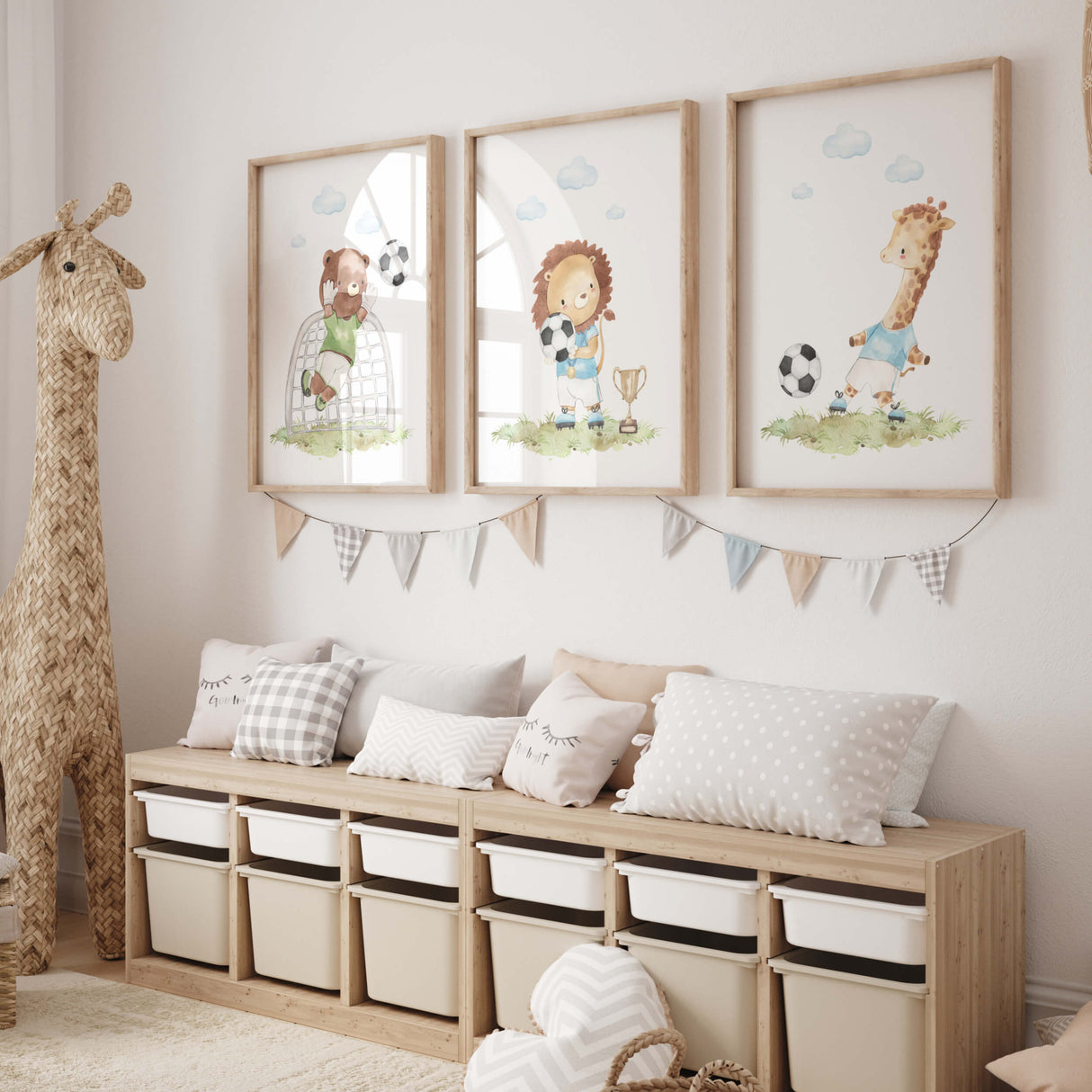 Set of 3 nursery football print with safari animal for boys room decor.