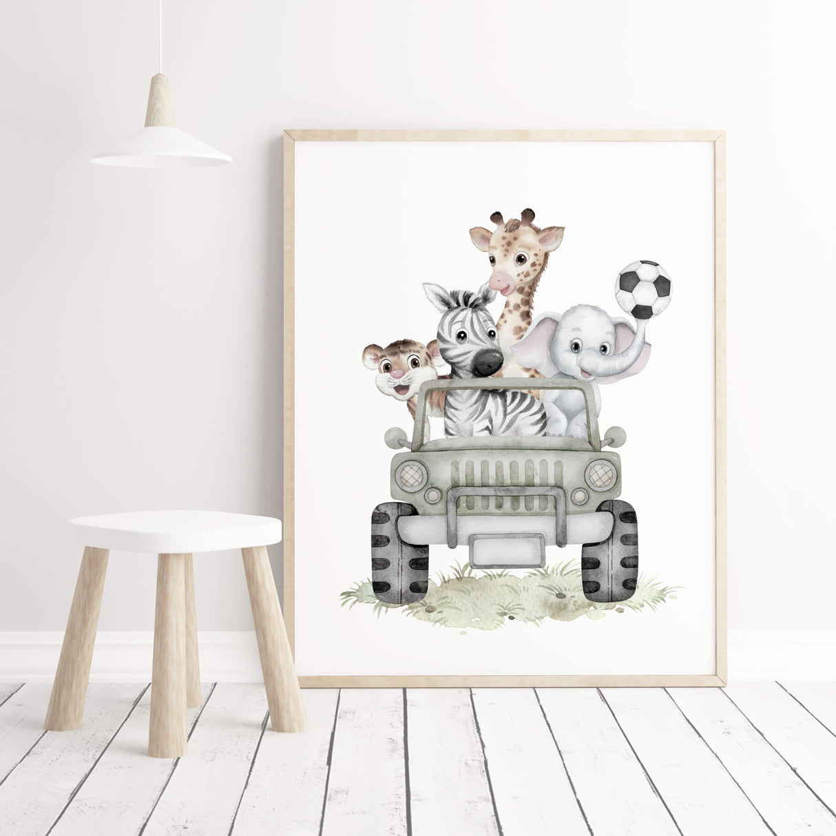 Watercolor soccer nursery printable with safari animals for toddler room decor and baby boys room decor.