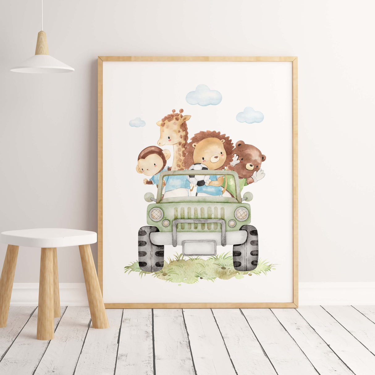 Watercolor safari car with safari animals and football for toddler room decor.