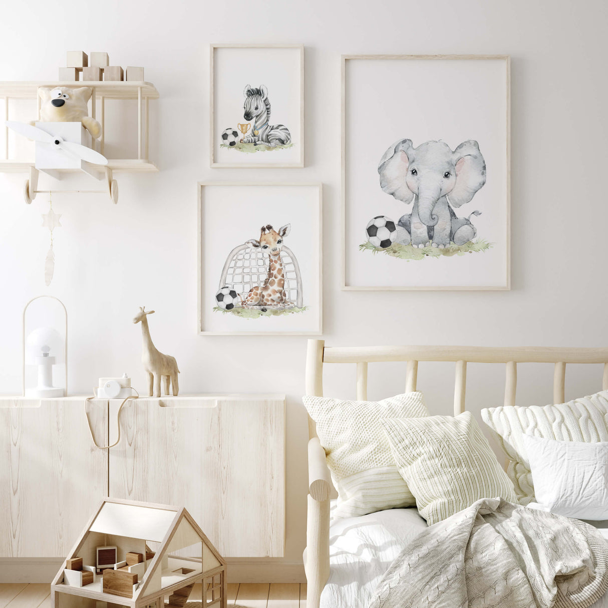 Set of 3 safari animal with football for kids room decor.