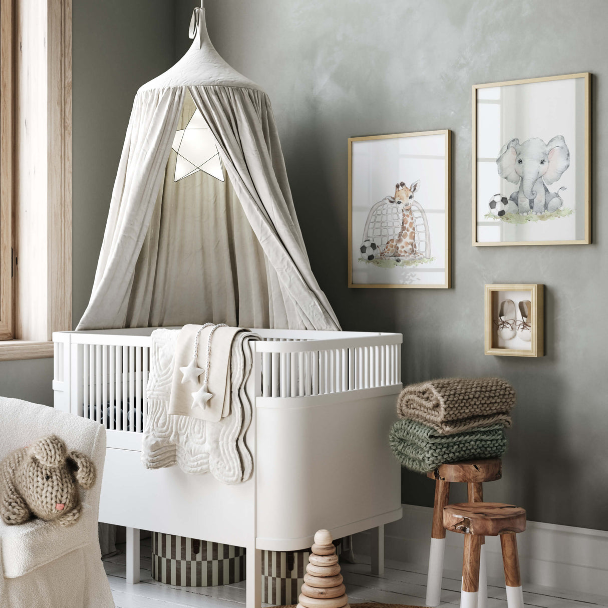 Set of 2 safari animal with football poster for toddler room decor.