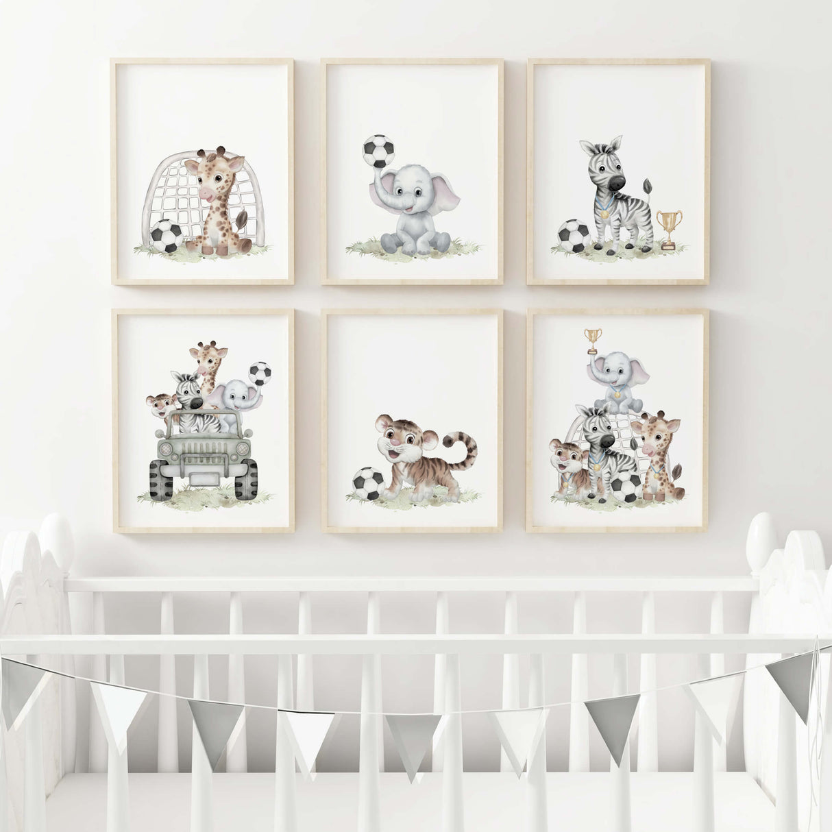 Set of 6 watercolor soccer nursery print with safari animals for toddler room decor and baby boys room decor.