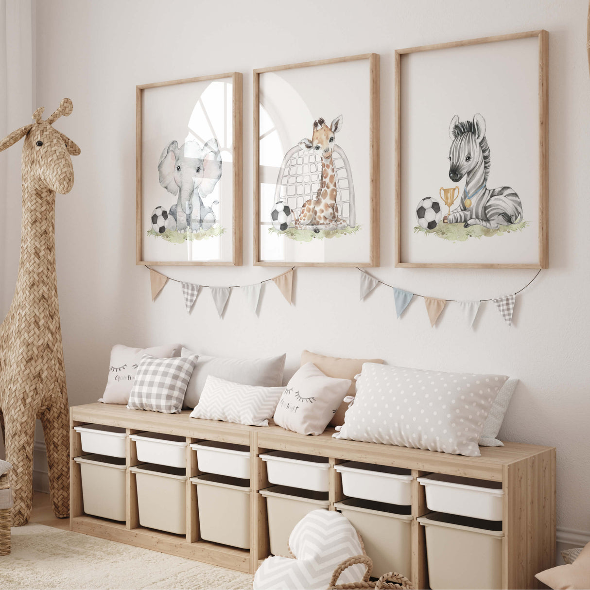 Set of 3 watercolor soccer print with safari animal for boys room decor and toddler room decor.