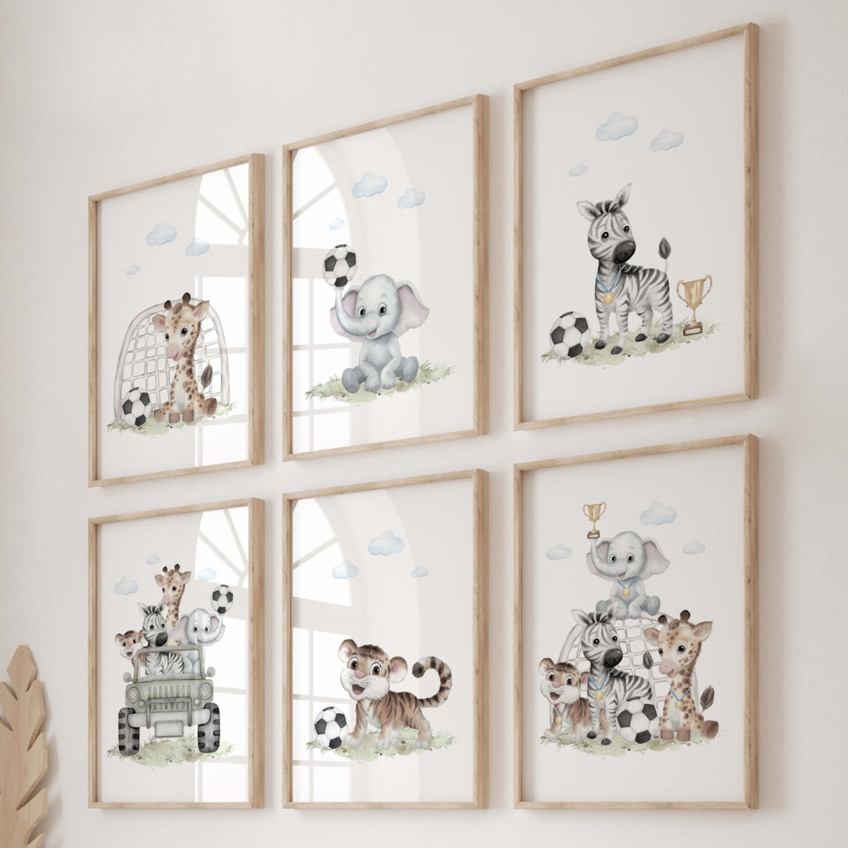 Watercolor soccer print with safari animal for baby boys room decor.