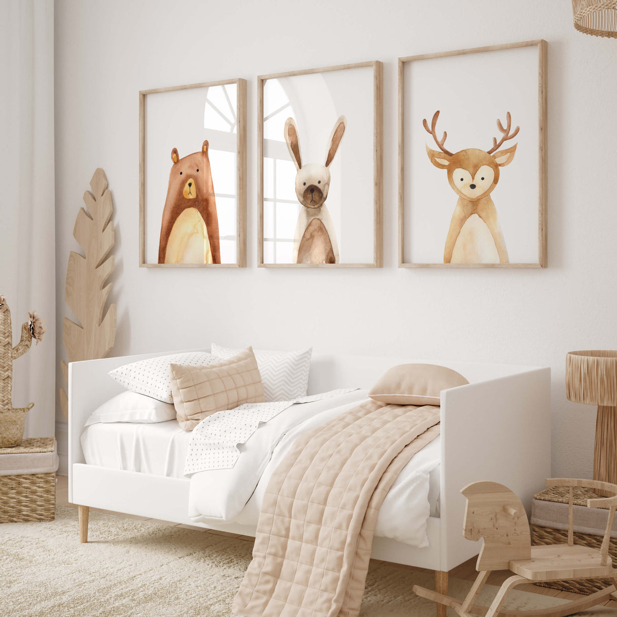 Set of 3 watercolor woodland animals print for boho nursery decor, includes animals: bear, dear, bunny.
