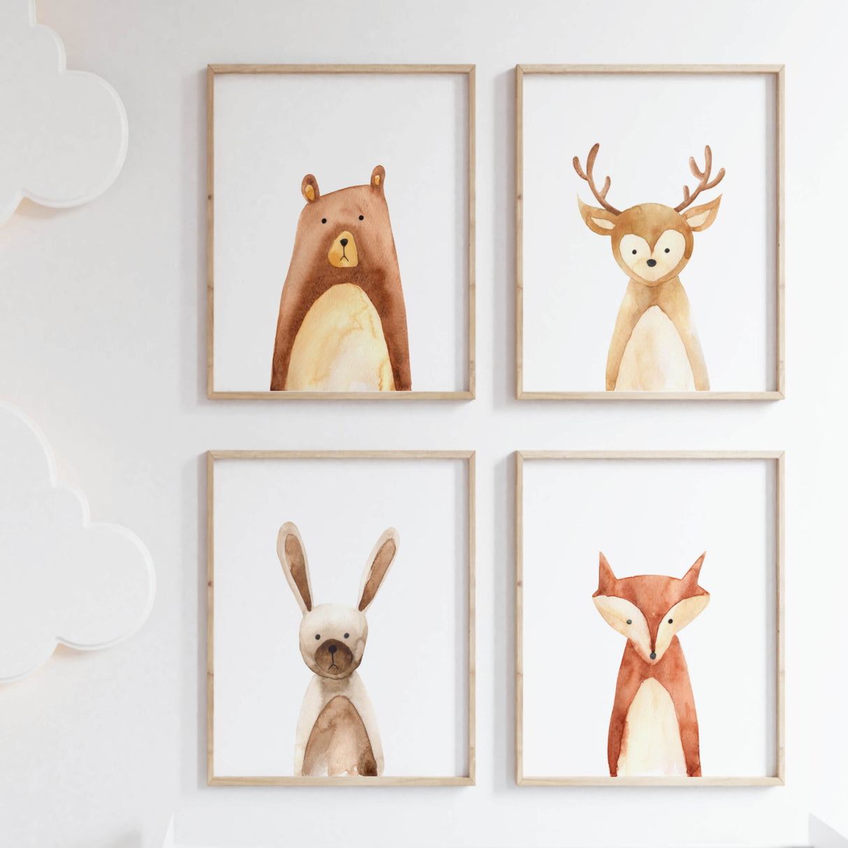 Watercolor woodland animals print for boho nursery decor, includes animals: bear, dear, bunny,fox.