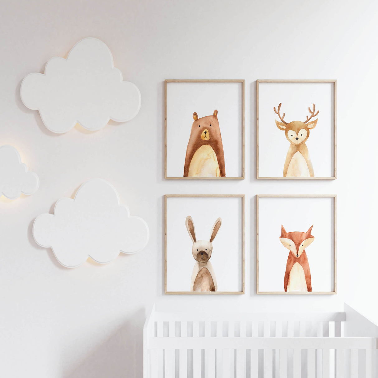 Watercolor woodland animals printable for boho nursery decor, includes animals: bear, dear, bunny,fox.