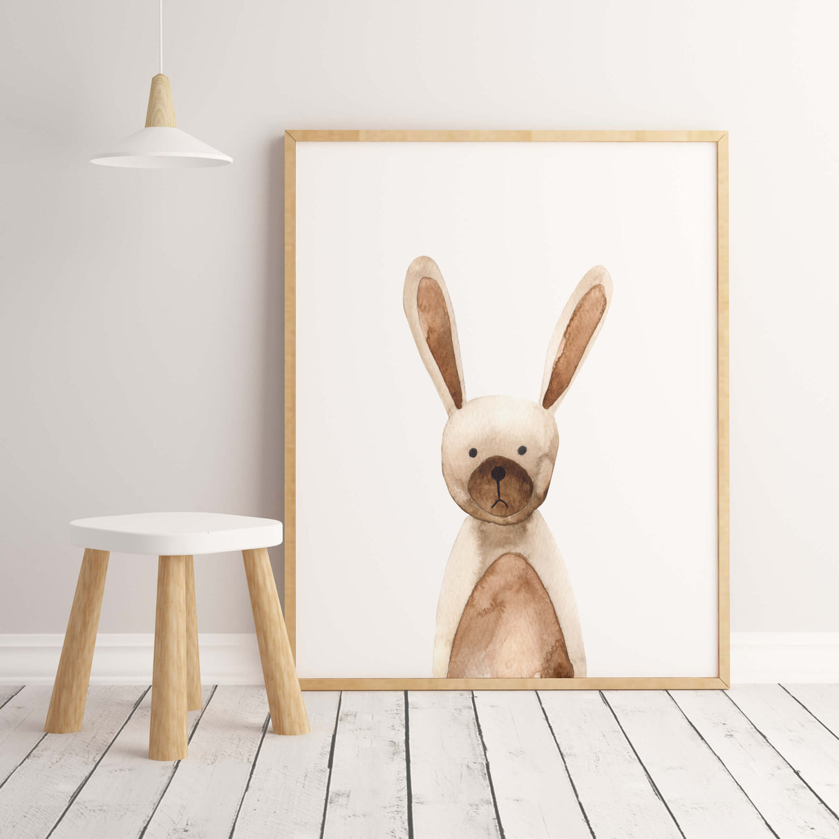 Watercolor woodland animal print with bunny for boho nursery decor,.