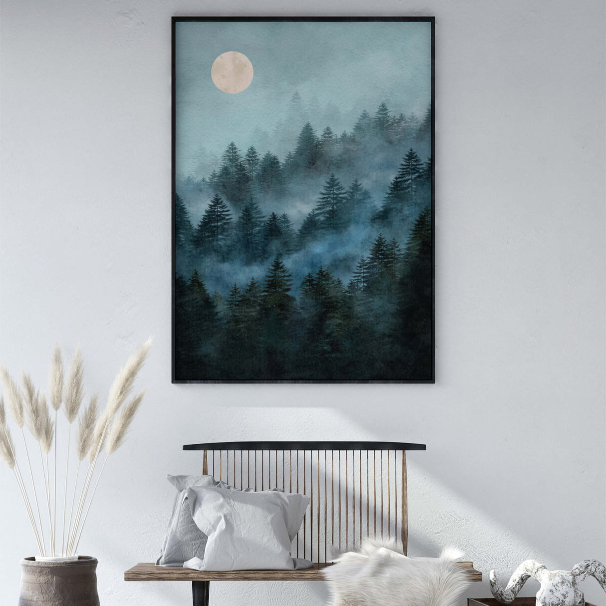Watercolor forest pine mountain landscape print with moon and fog for neutral home decor.