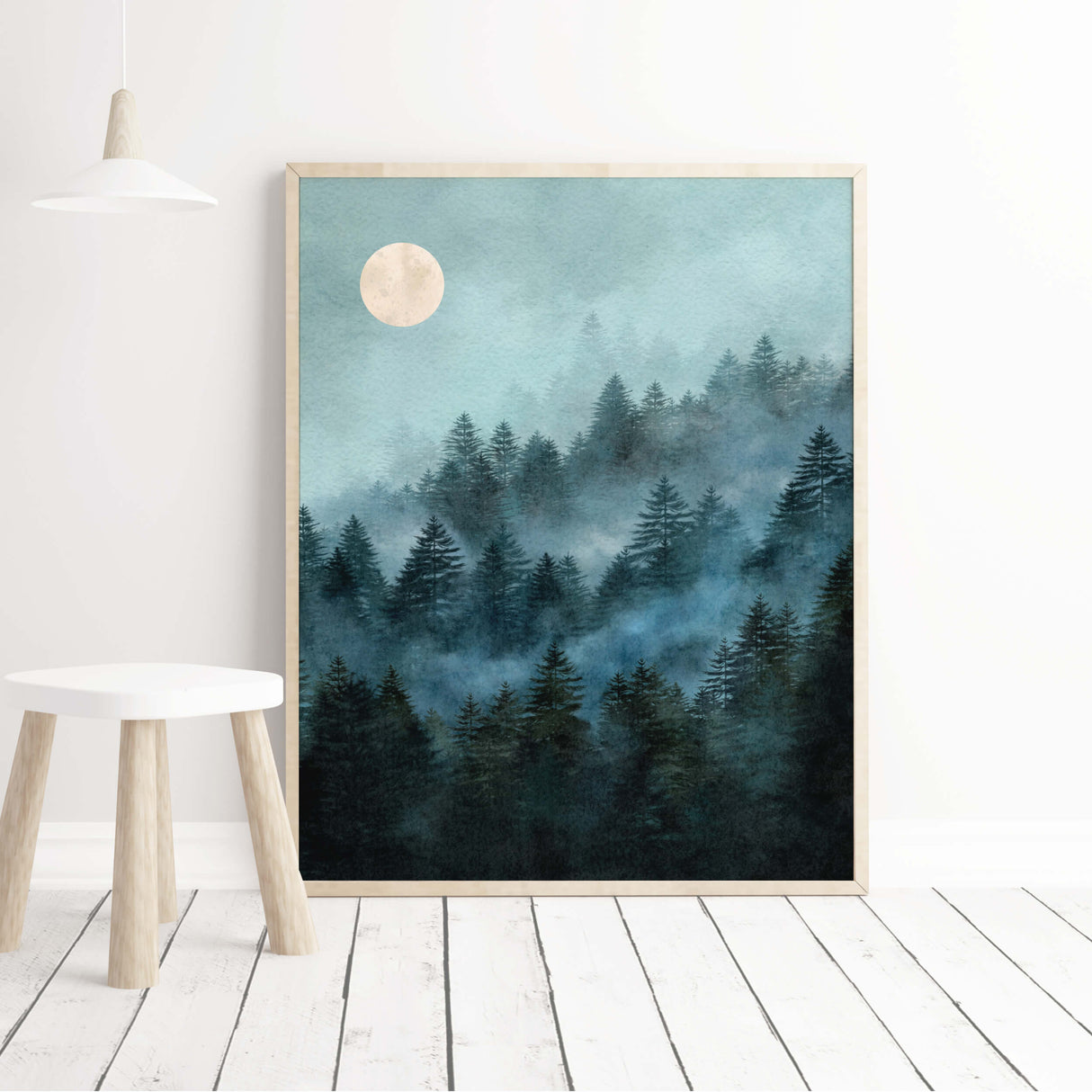 Watercolor forest pine mountain landscape print with moon and fog for neutral home decor.