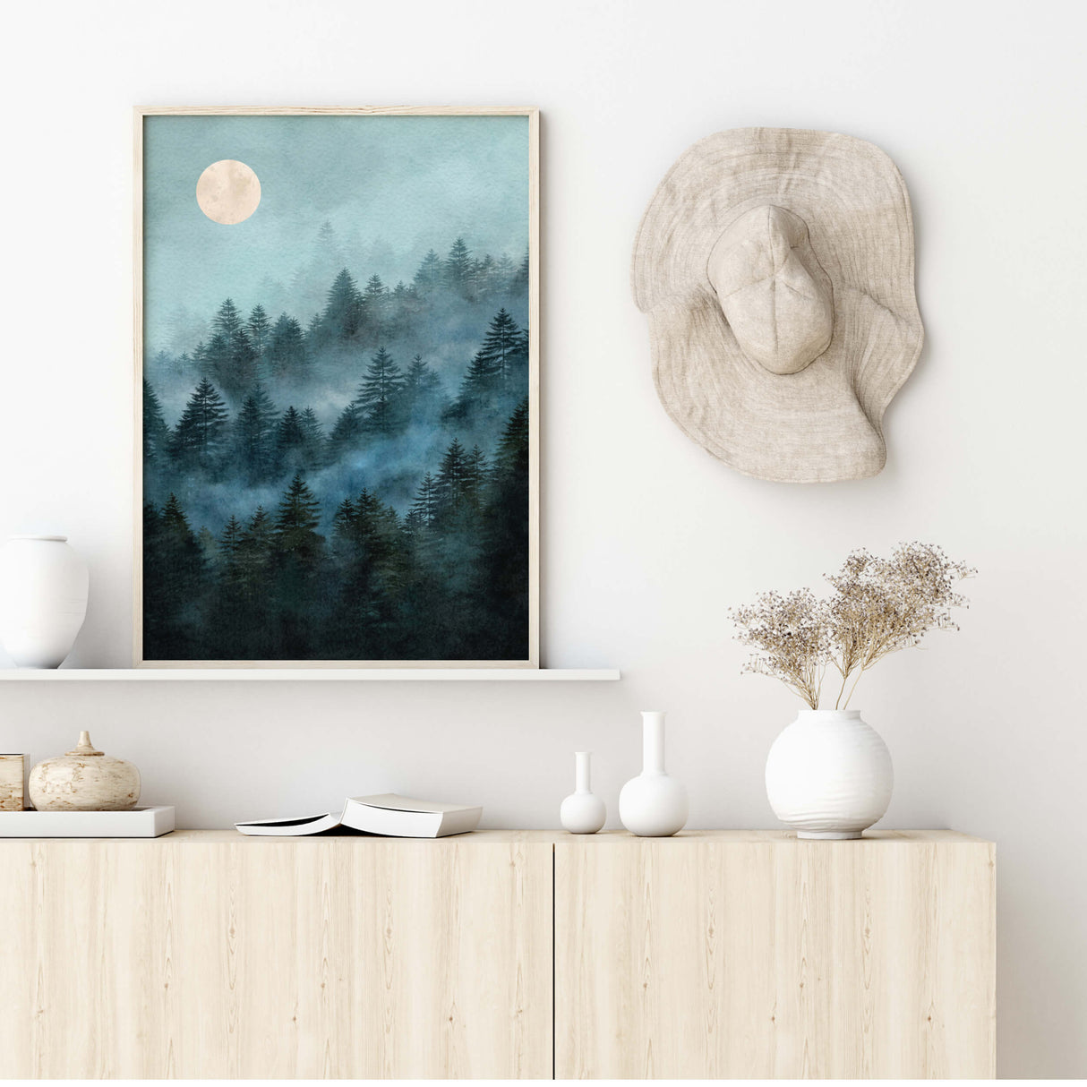 Watercolor forest pine mountain landscape printable with moon and fog for neutral home decor.